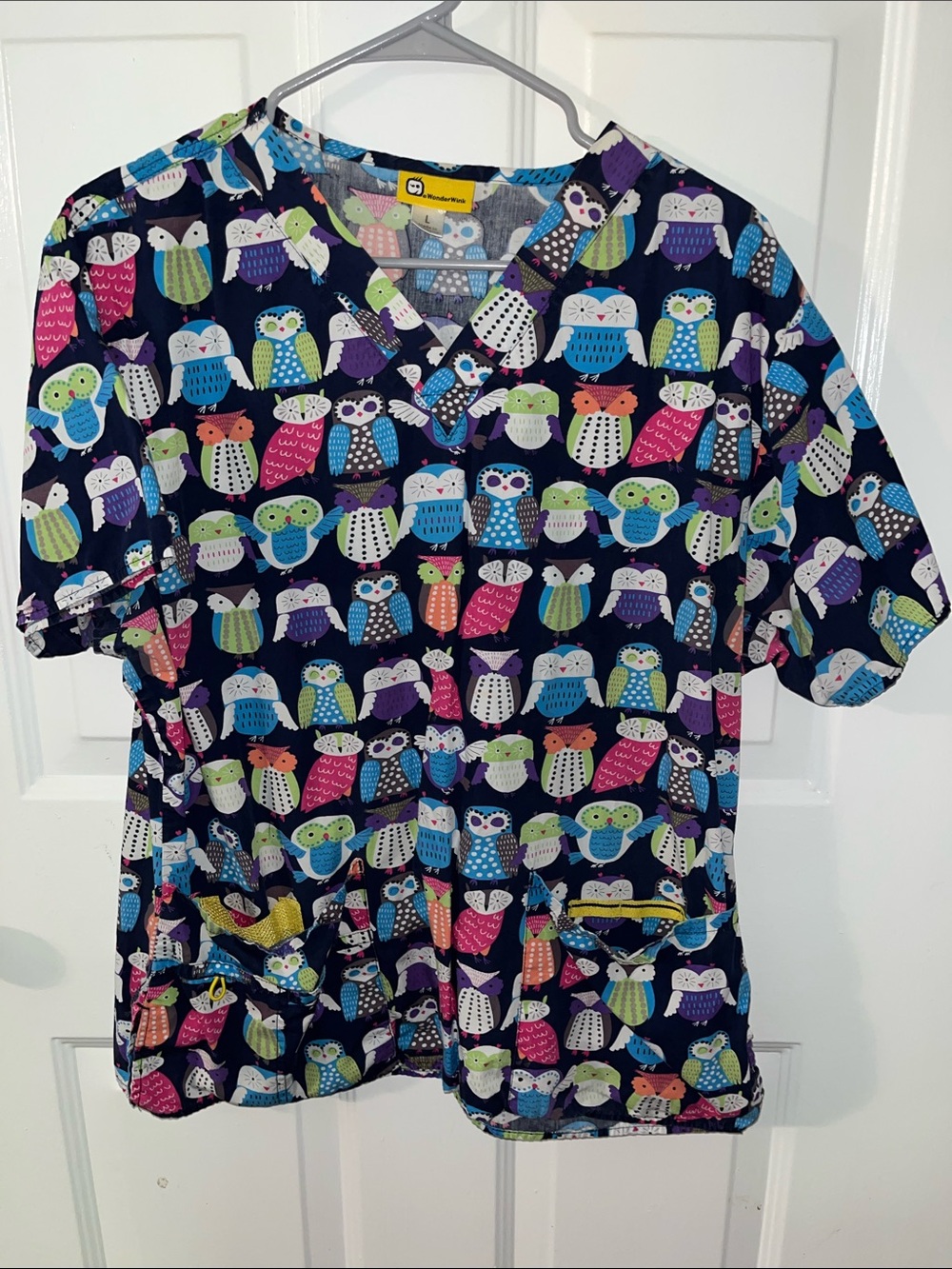 WonderWink Navy Short Sleeve Scrub Top with Multicolor Owl Print